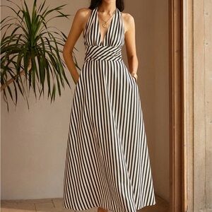 NWT Commense Black and White Striped Halter Backless Midi Dress Size Medium M